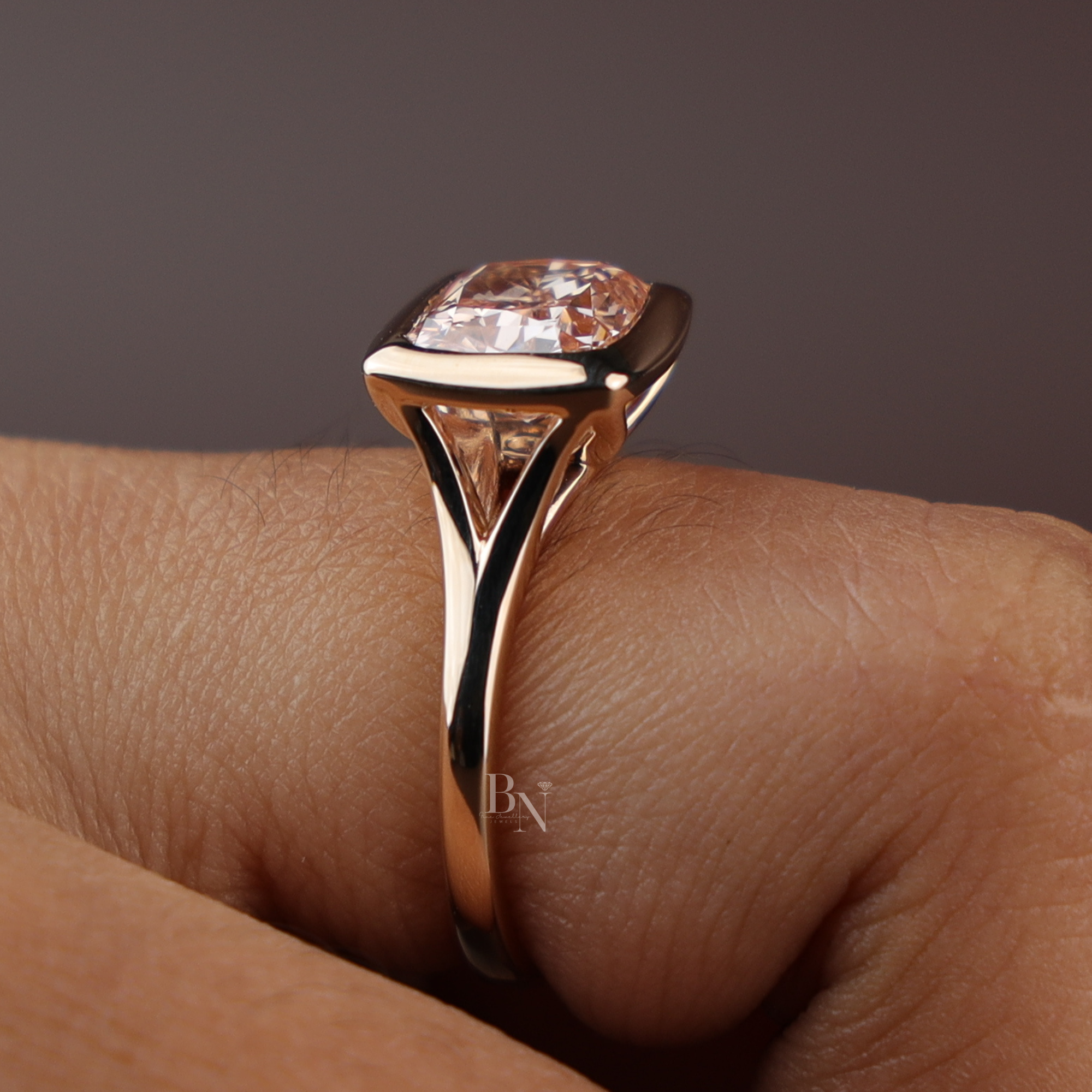 3ct Fancy Pink Cushion Lab Diamond Ring, East West Bezel Set Ring, Rose Gold Minimalist Wedding Ring, Unique Solitaire