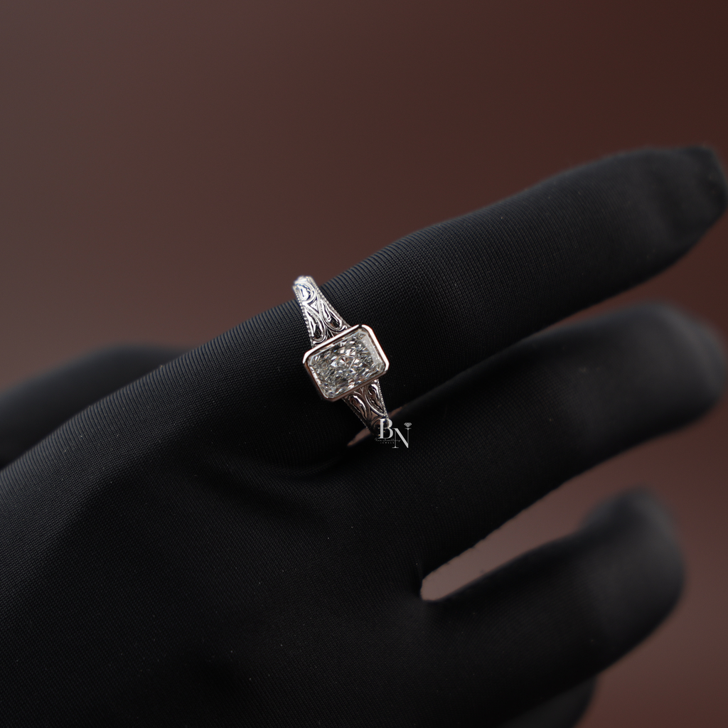 1.5ct Radiant Lab Diamond Engagement Ring , Vintage Engraved Bezel Set Ring , Art Deco Style Wedding Ring , Antique Inspired