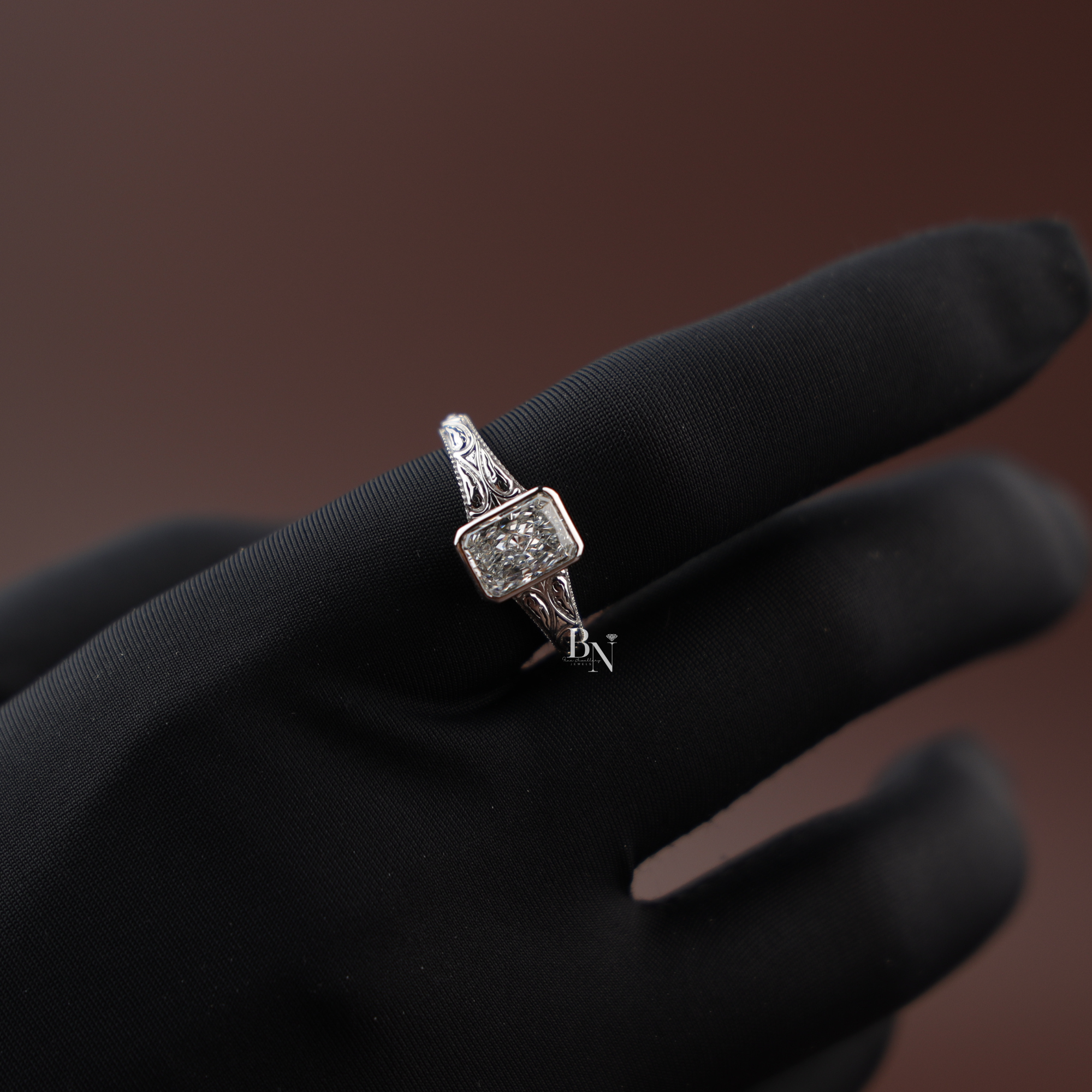 1.5ct Radiant Lab Diamond Engagement Ring , Vintage Engraved Bezel Set Ring , Art Deco Style Wedding Ring , Antique Inspired