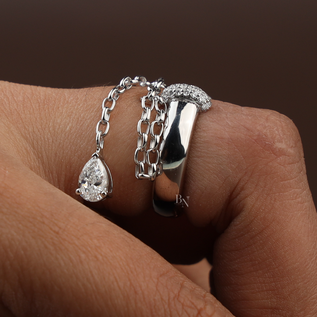 Pear Cut Lab Grown Diamond Dangle Chain Ring | 14K White Gold Lariat Band | Avant Garde Minimalist Bridal Jewelry | Edgy Teardrop Ring