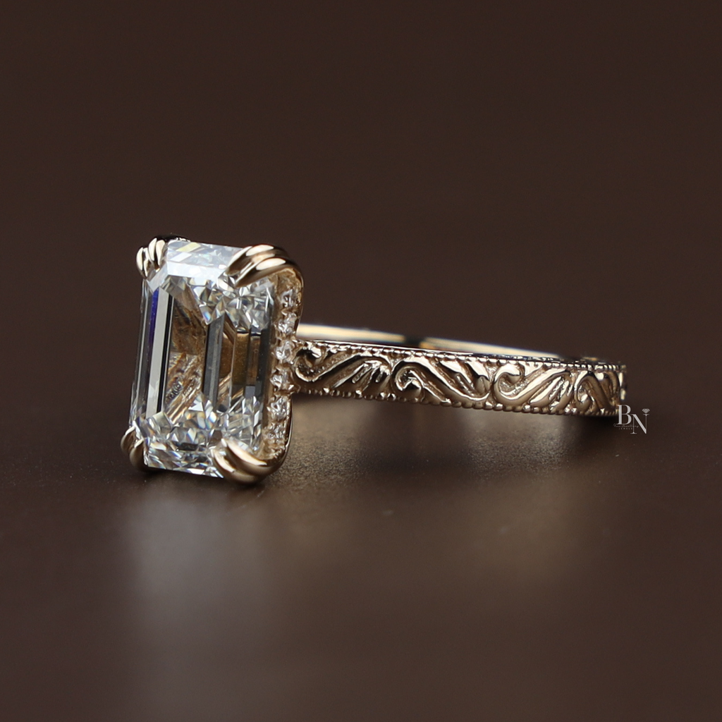 3ct Emerald Cut Lab Grown Diamond Engagement Ring | Vintage Engraved Gold Solitaire | Art Deco Antique Inspired |