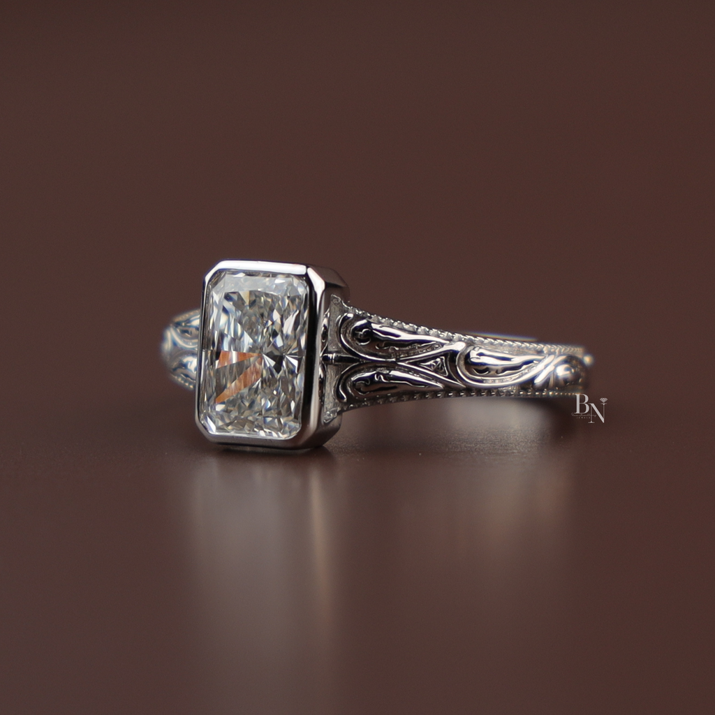 1.5ct Radiant Lab Diamond Engagement Ring , Vintage Engraved Bezel Set Ring , Art Deco Style Wedding Ring , Antique Inspired