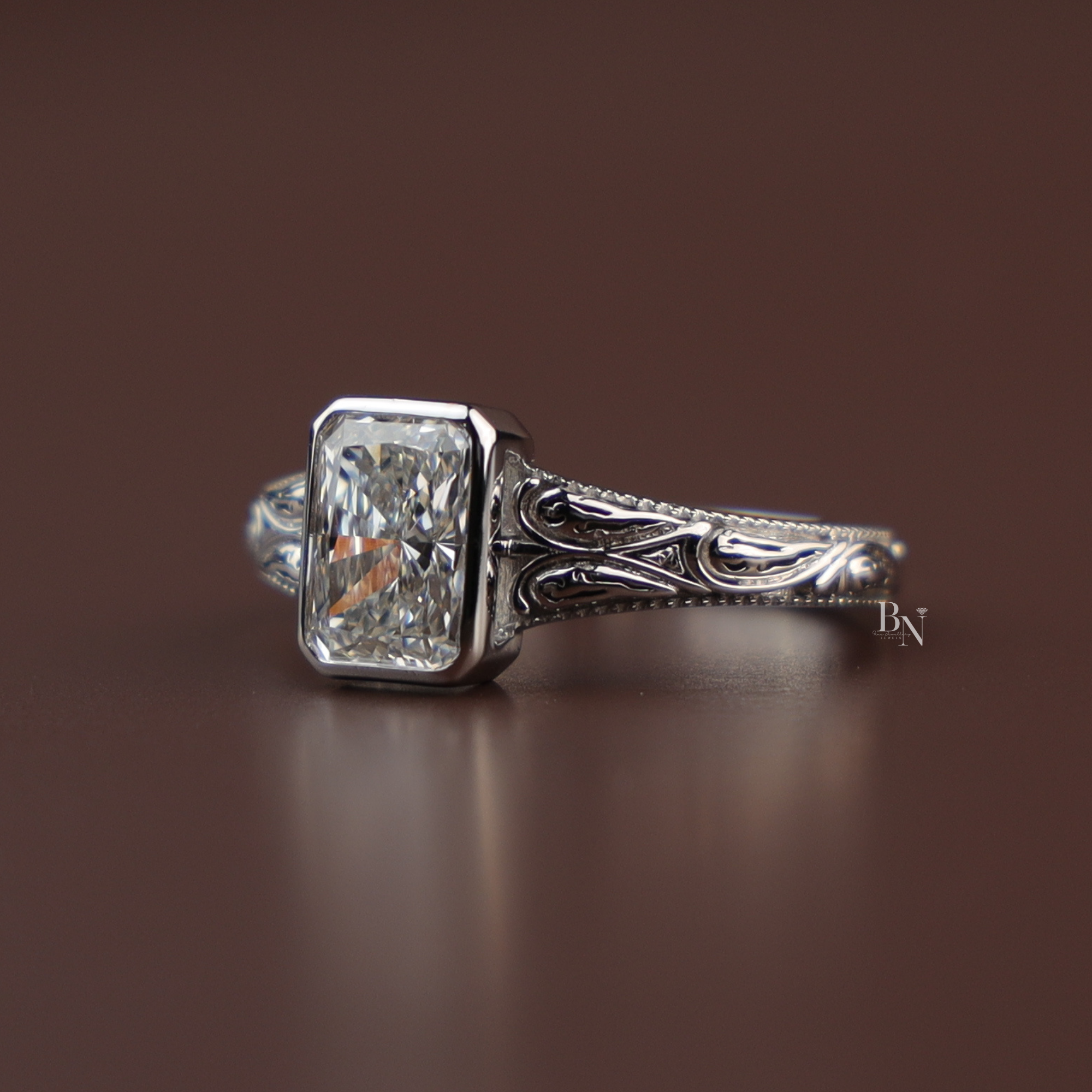 1.5ct Radiant Lab Diamond Engagement Ring , Vintage Engraved Bezel Set Ring , Art Deco Style Wedding Ring , Antique Inspired