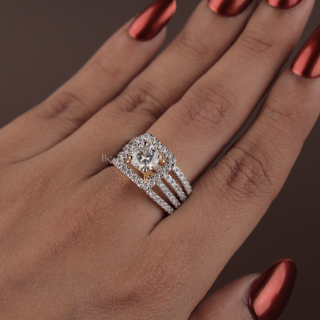 1ct Round Lab Grown Diamond Engagement Ring | 14K Yellow Gold Square Halo | Triple Pave Band | IGI Certified Round Brilliant Promise Ring