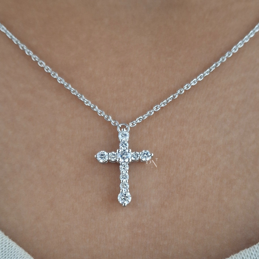2ctw Round Lab Grown Diamond Cross Necklace | 14K Yellow Gold Double Cross Pendant | Religious Fine Jewellery |  Anniversary Gift