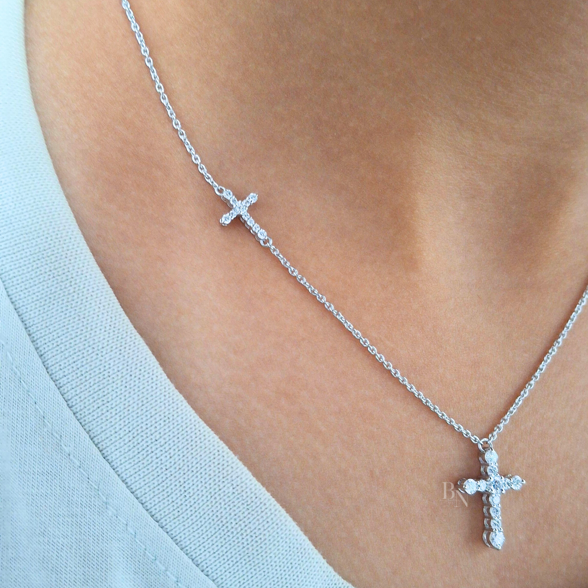 2ctw Round Lab Grown Diamond Cross Necklace | 14K Yellow Gold Double Cross Pendant | Religious Fine Jewellery |  Anniversary Gift