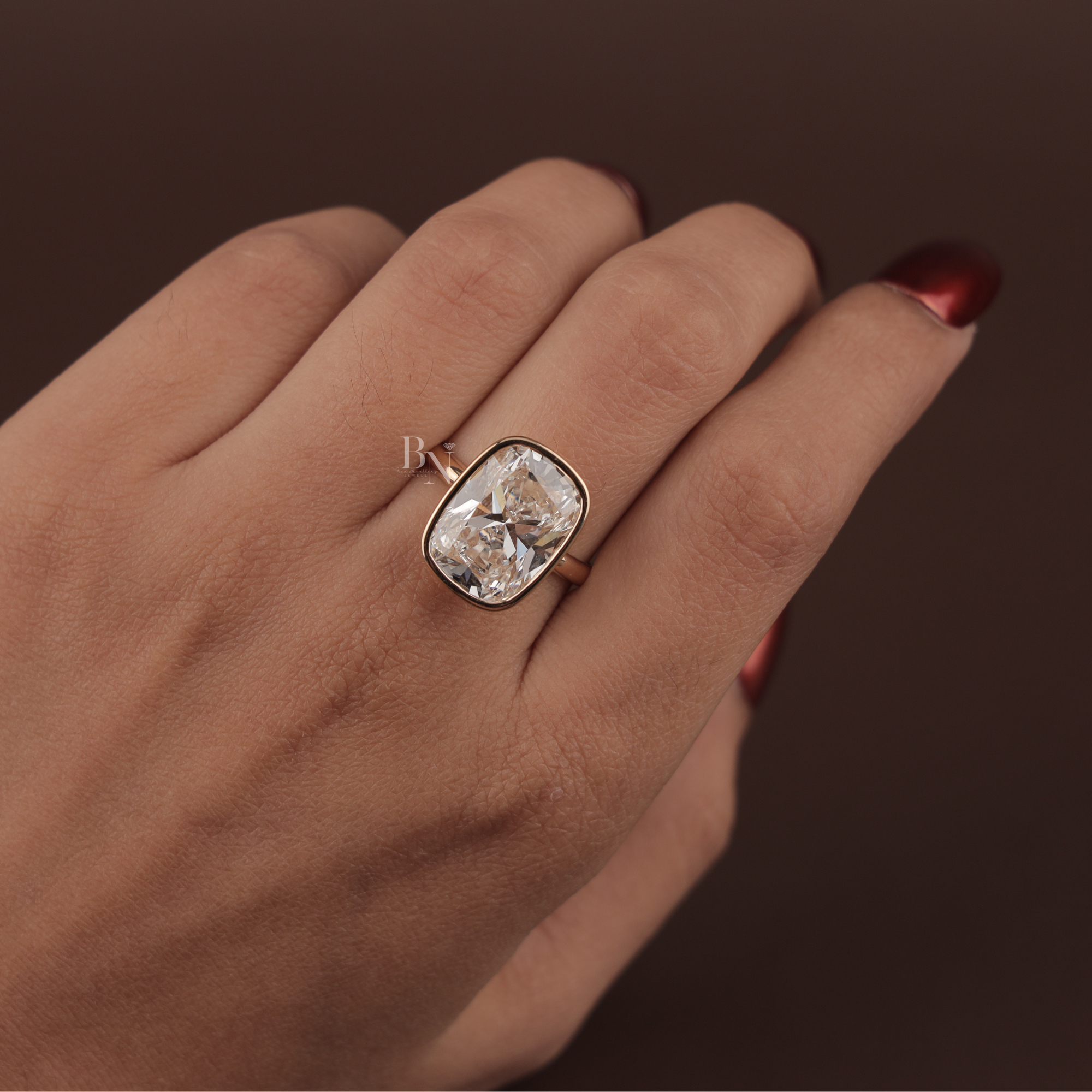 7ct Cushion Lab Grown Diamond Engagement Ring | Modern Bezel Set Ring | 14K Yellow Gold Solitaire | IGI Certified | Statement Bridal Ring