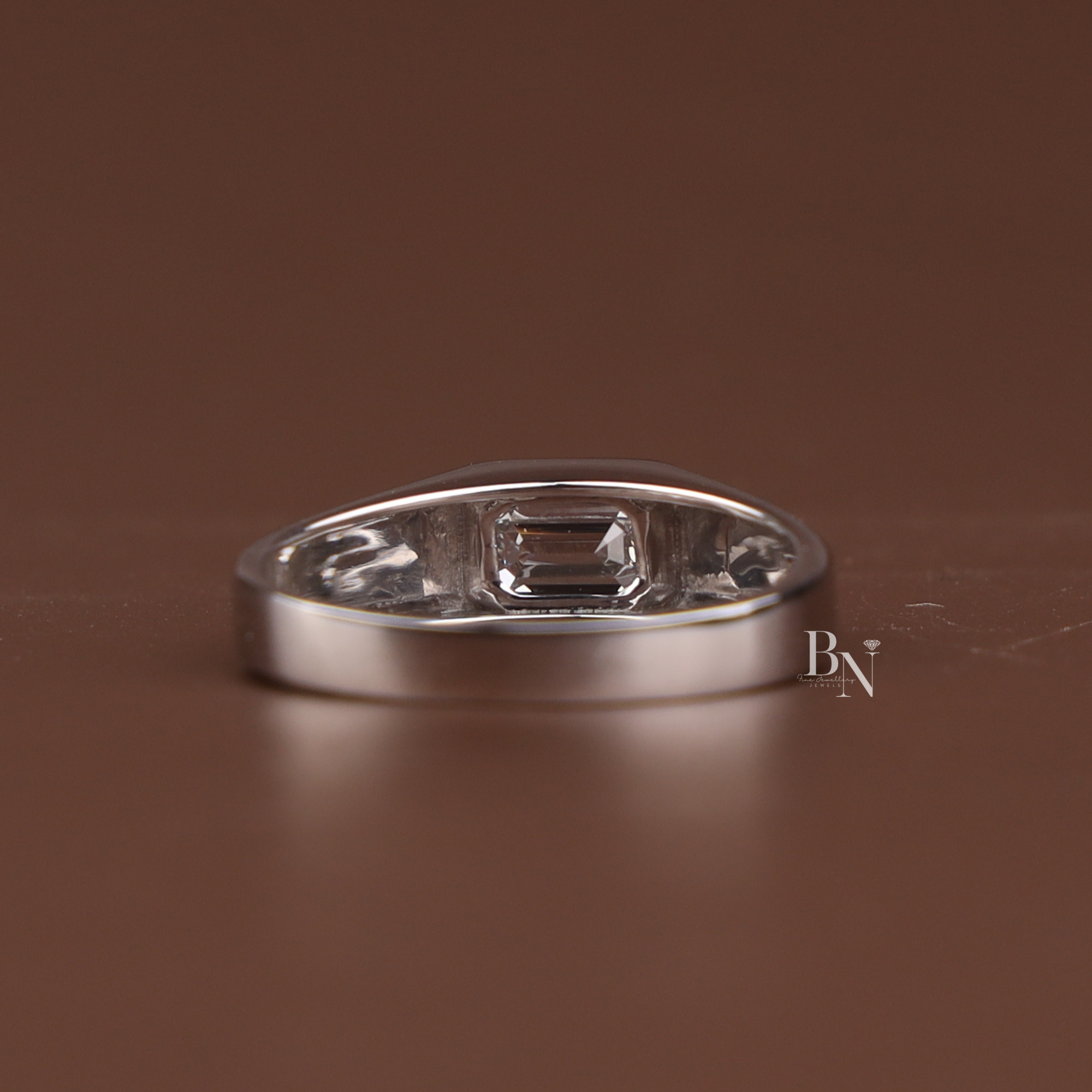 1ct Emerald Cut Lab Grown Diamond Engagement Ring | 14K Yellow Gold Bezel Set Signet Ring | East West Emerald Diamond | IGI Certified |