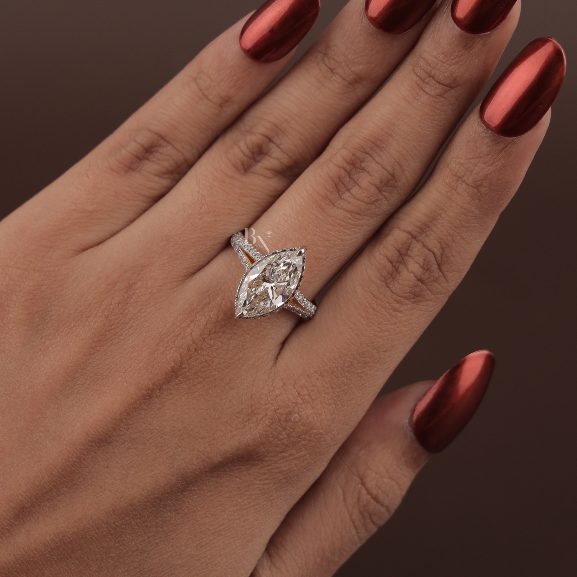 3ct Marquise Lab Grown Diamond Engagement Ring | Hidden Halo Pave Bridal Ring | 14K Yellow Gold Split Shank | IGI Certified | Promise Ring