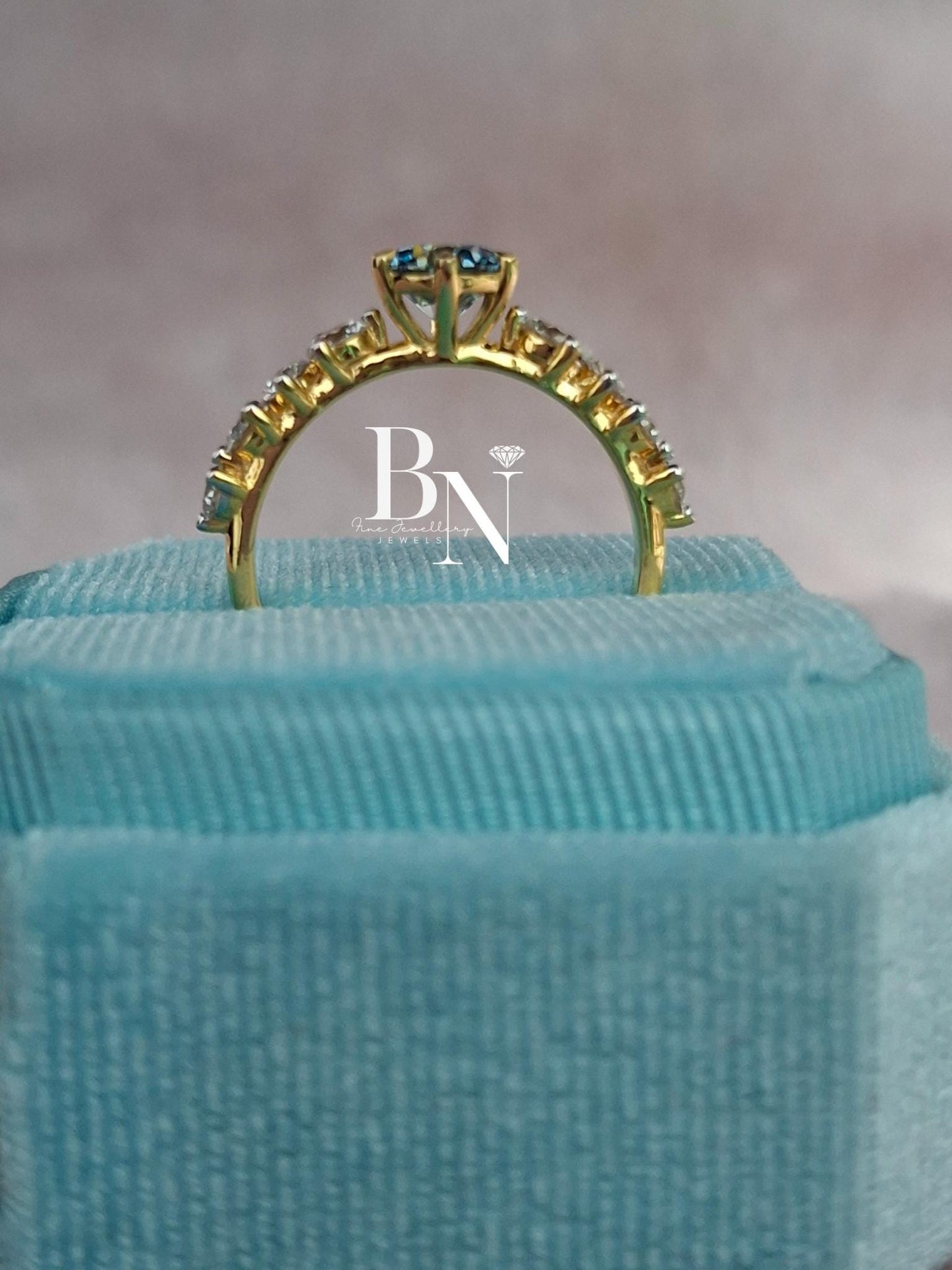 1.00 CT Blue Diamond Engagement Ring 1ct | Graduated Diamond Band 14k Gold | Something Blue Wedding Ring | Unique Statement Ring