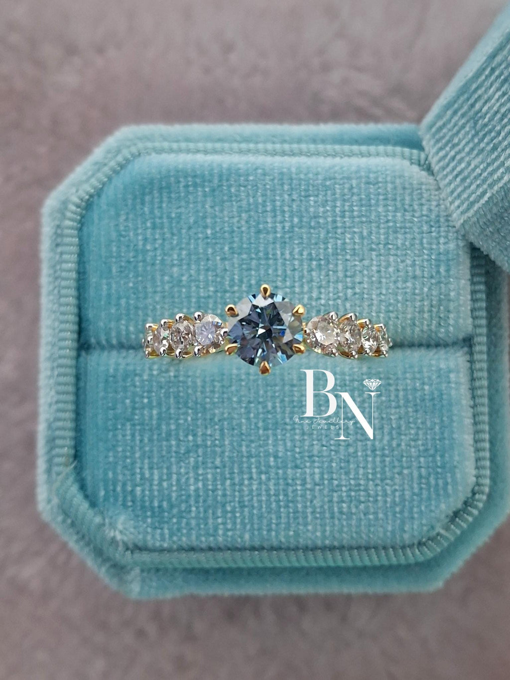 1.00 CT Blue Diamond Engagement Ring 1ct | Graduated Diamond Band 14k Gold | Something Blue Wedding Ring | Unique Statement Ring