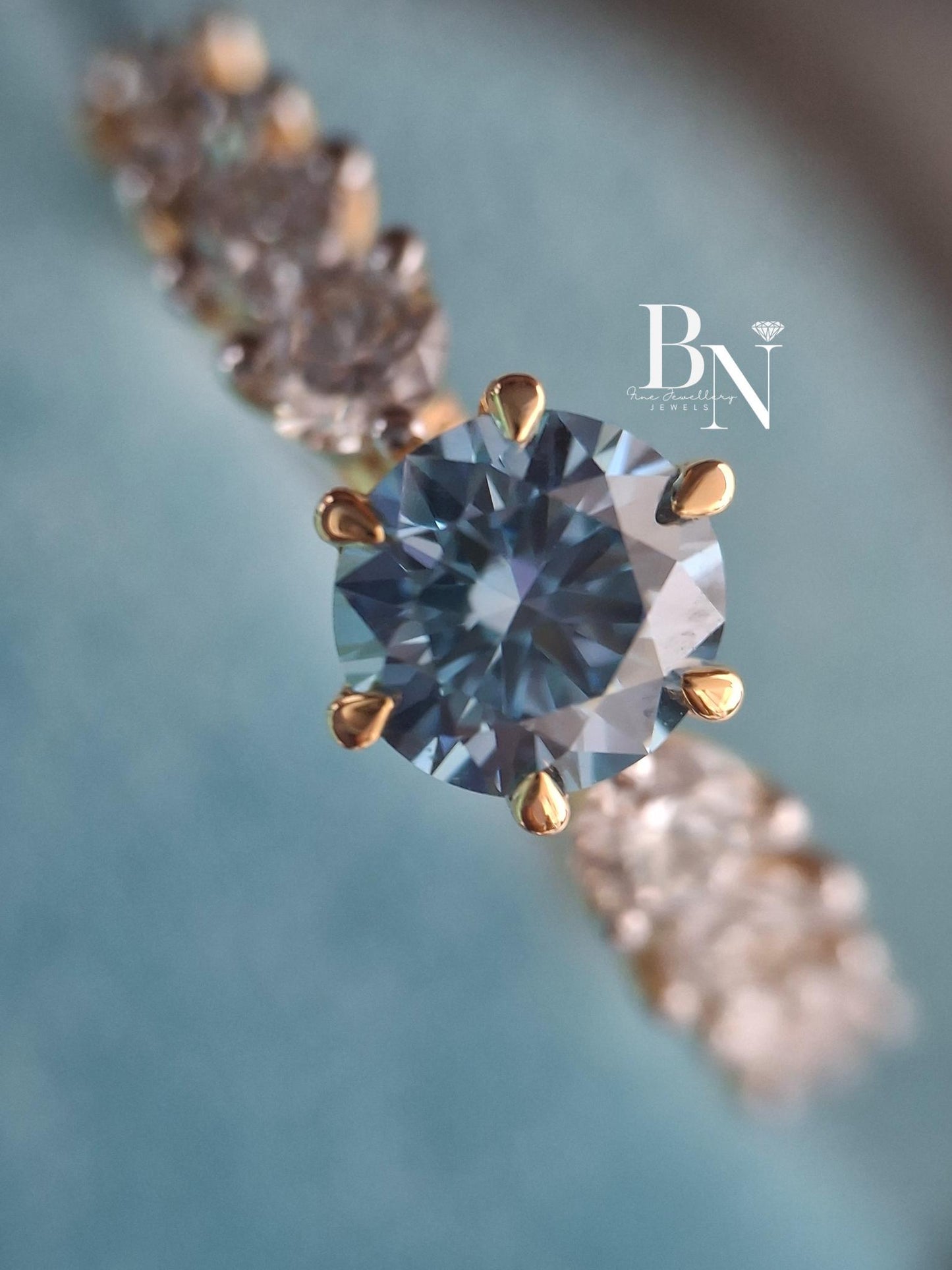 1.00 CT Blue Diamond Engagement Ring 1ct | Graduated Diamond Band 14k Gold | Something Blue Wedding Ring | Unique Statement Ring