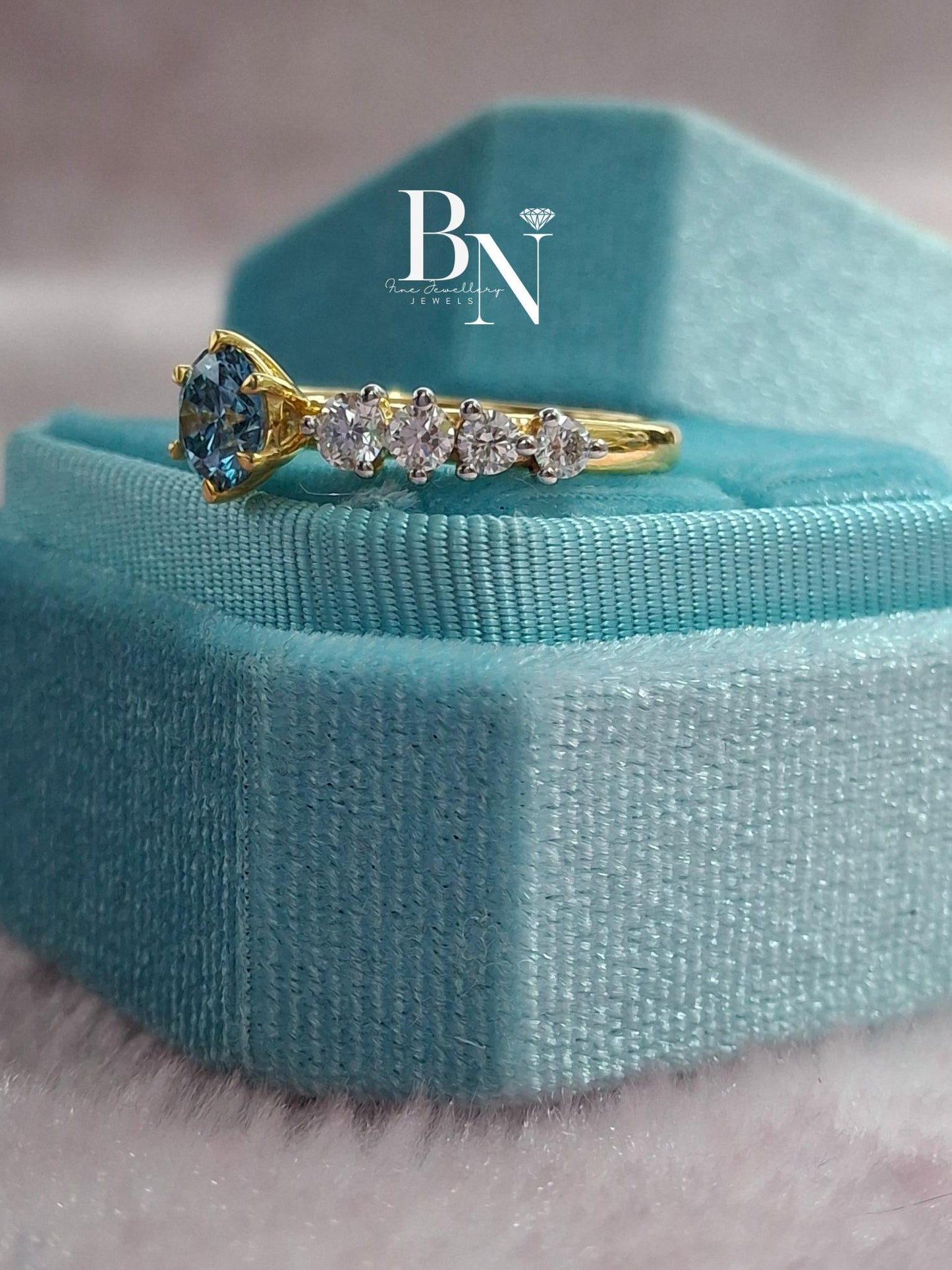 1.00 CT Blue Diamond Engagement Ring 1ct | Graduated Diamond Band 14k Gold | Something Blue Wedding Ring | Unique Statement Ring