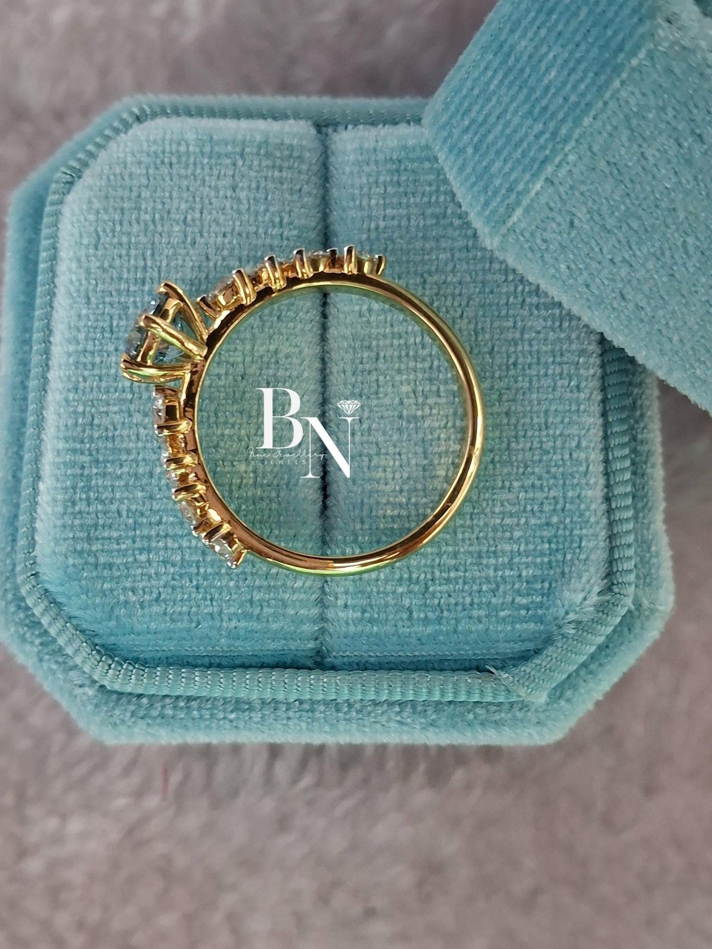 1.00 CT Blue Diamond Engagement Ring 1ct | Graduated Diamond Band 14k Gold | Something Blue Wedding Ring | Unique Statement Ring