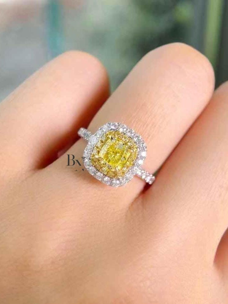 1.00 CT Yellow Diamond Engagement Ring | Cushion Cut Lab Grown Diamond | Double Halo Pave Band | 14k Solid Gold | Fancy Yellow Diamond