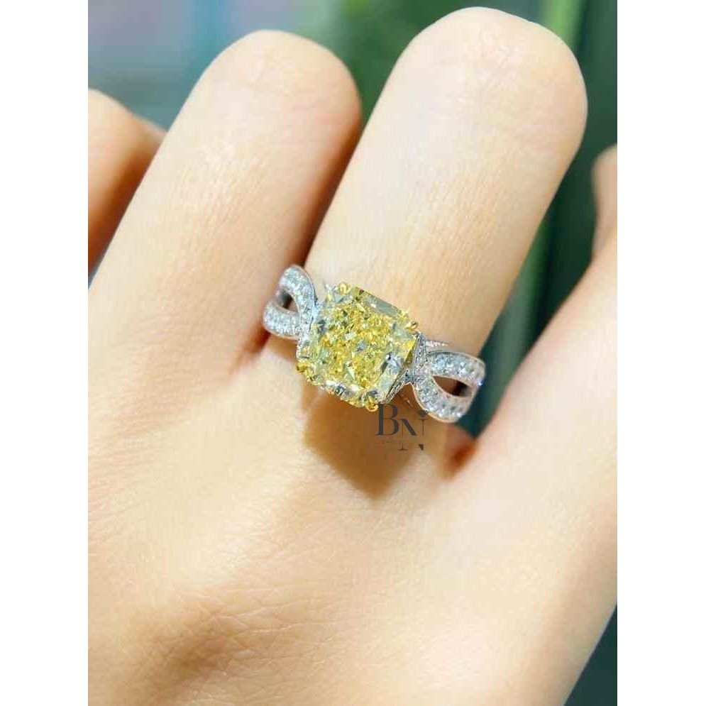 3.00 CT Yellow Diamond Engagement Ring | Cushion Cut Lab Grown Diamond | Double Halo Pave Band | 14k Solid Gold | Fancy Yellow Diamond