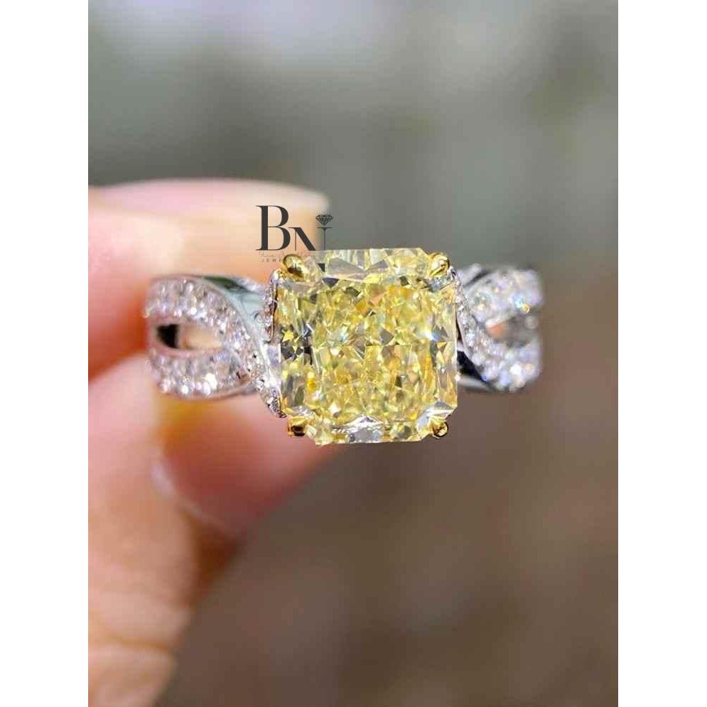 3.00 CT Yellow Diamond Engagement Ring | Cushion Cut Lab Grown Diamond | Double Halo Pave Band | 14k Solid Gold | Fancy Yellow Diamond