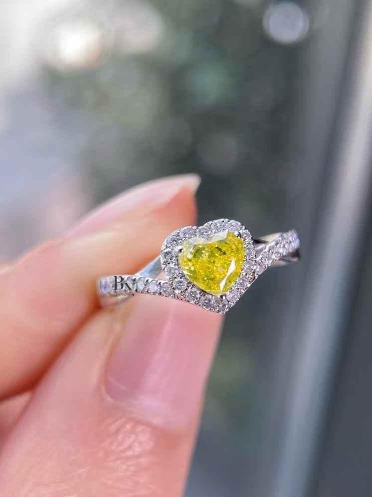 0.73 TCW Yellow Diamond Heart Ring | Lab Grown Diamond Engagement Ring | Fancy Yellow Heart Shape | Twisted Pave Infinity Band