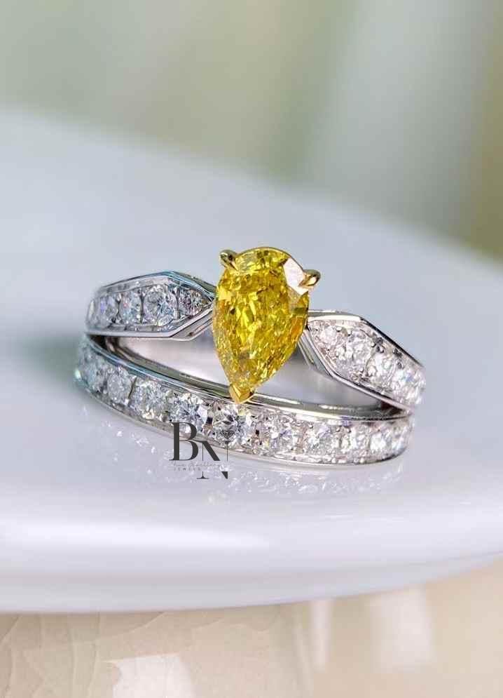 1.00 CT Yellow Diamond Bridal Set | Pear Cut Lab Grown Diamond Ring | Engagement Ring Set with Band | Fancy Yellow Diamond | 14k Gold Ring