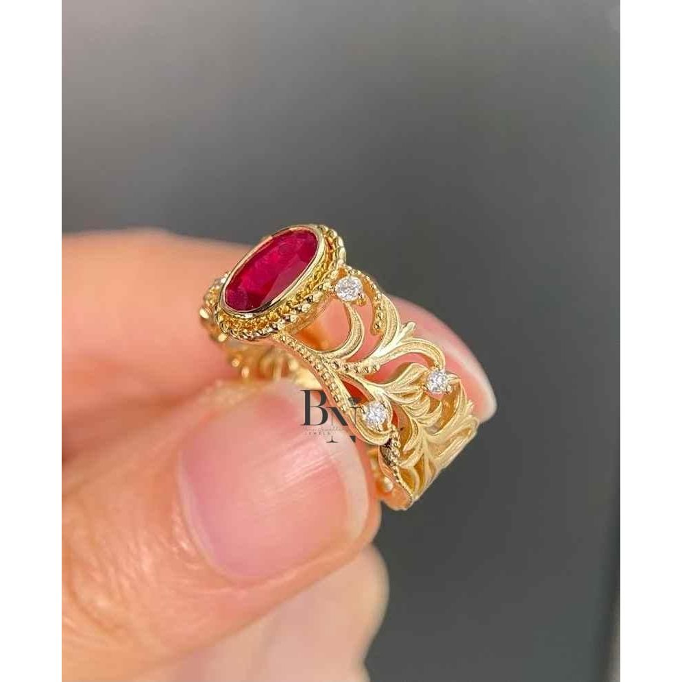 1.00 CT Vintage Ruby Ring | Ruby Engagement Ring | Art Nouveau Yellow Gold Ring | Ornate Filigree Band | July Birthstone Gift | 18K Gold