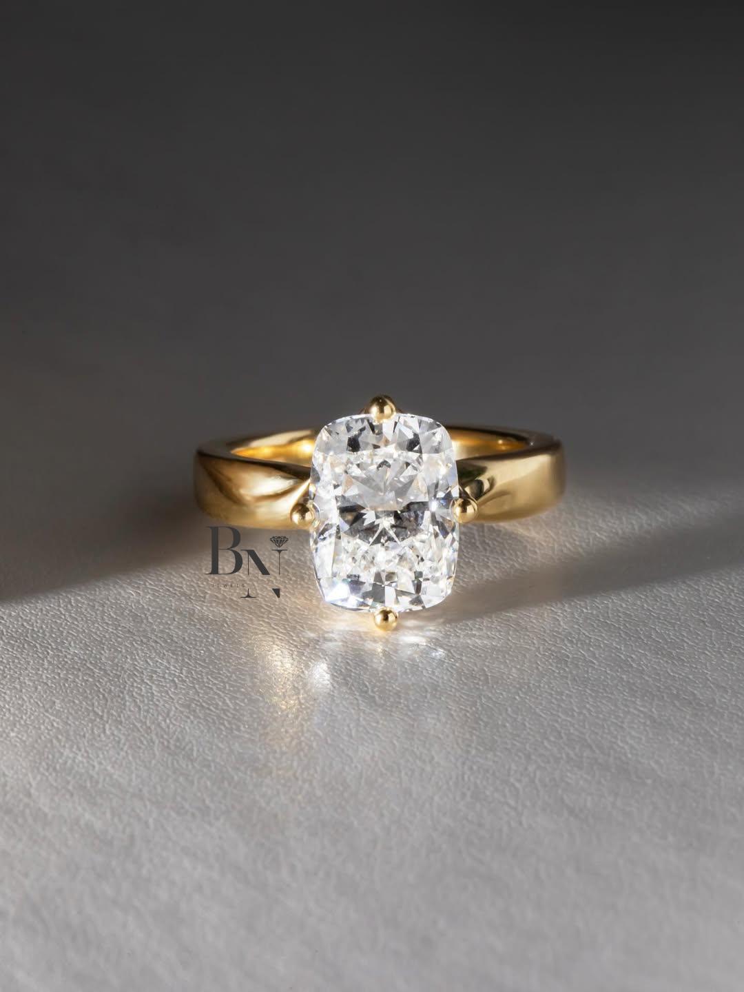 3ct Elongated Cushion Cut Lab Diamond Ring, 14k Yellow Gold Solitaire Engagement Ring, Minimalist Bridal Jewelry, Anniversary Gift, 14k Gold