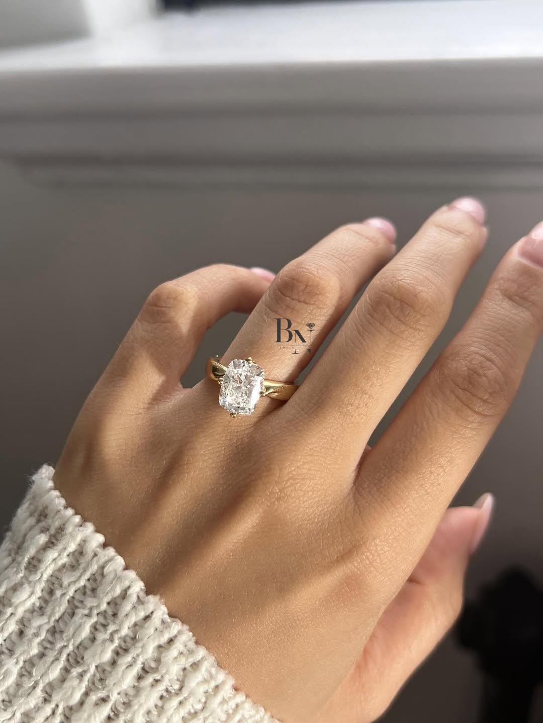 3ct Elongated Cushion Cut Lab Diamond Ring, 14k Yellow Gold Solitaire Engagement Ring, Minimalist Bridal Jewelry, Anniversary Gift, 14k Gold