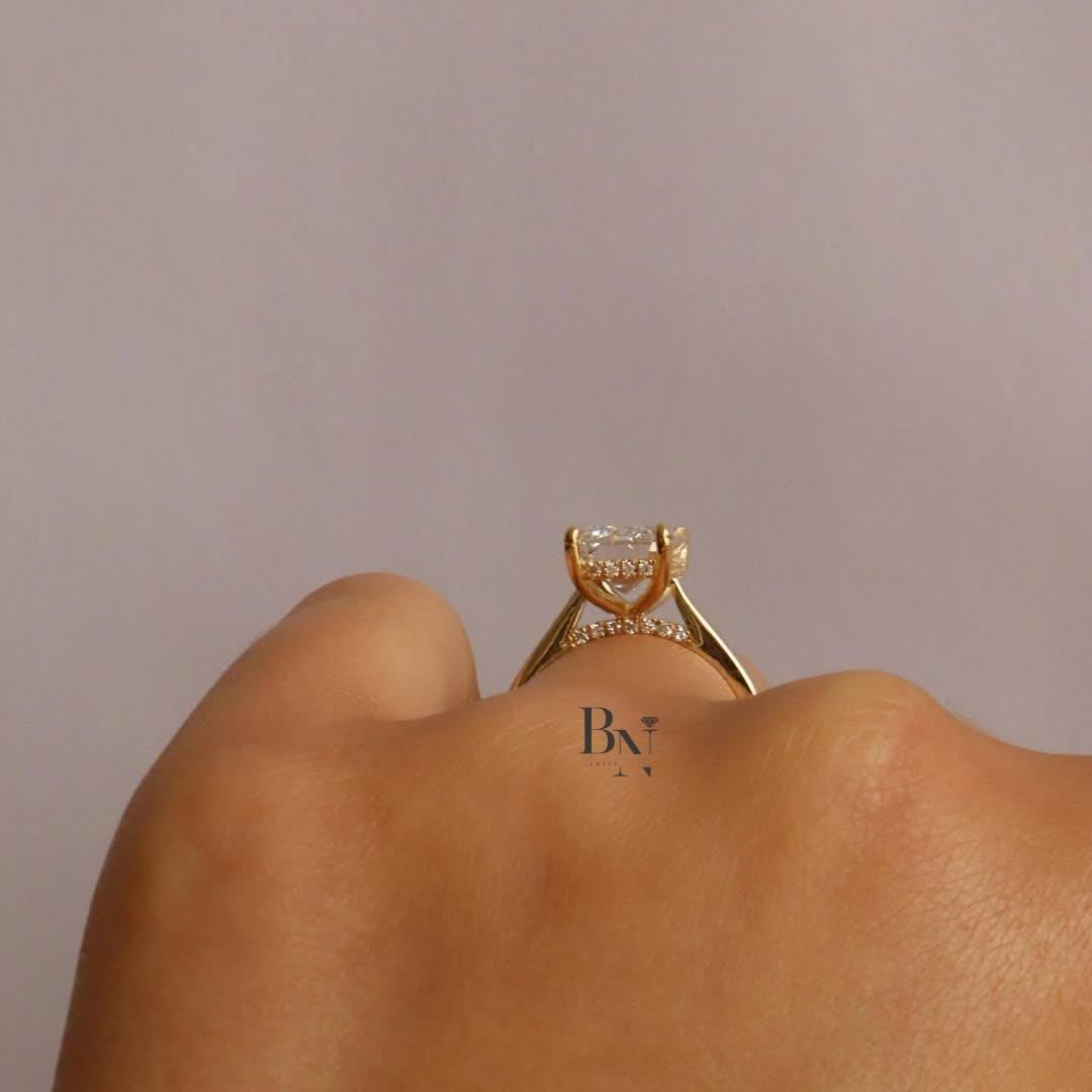 3.75 CT Emerald Cut Lab Grown Diamond Ring, IGI Certified Diamond, 14k Gold Hidden Halo Solitaire, Engagement Ring, Anniversary Gift Women