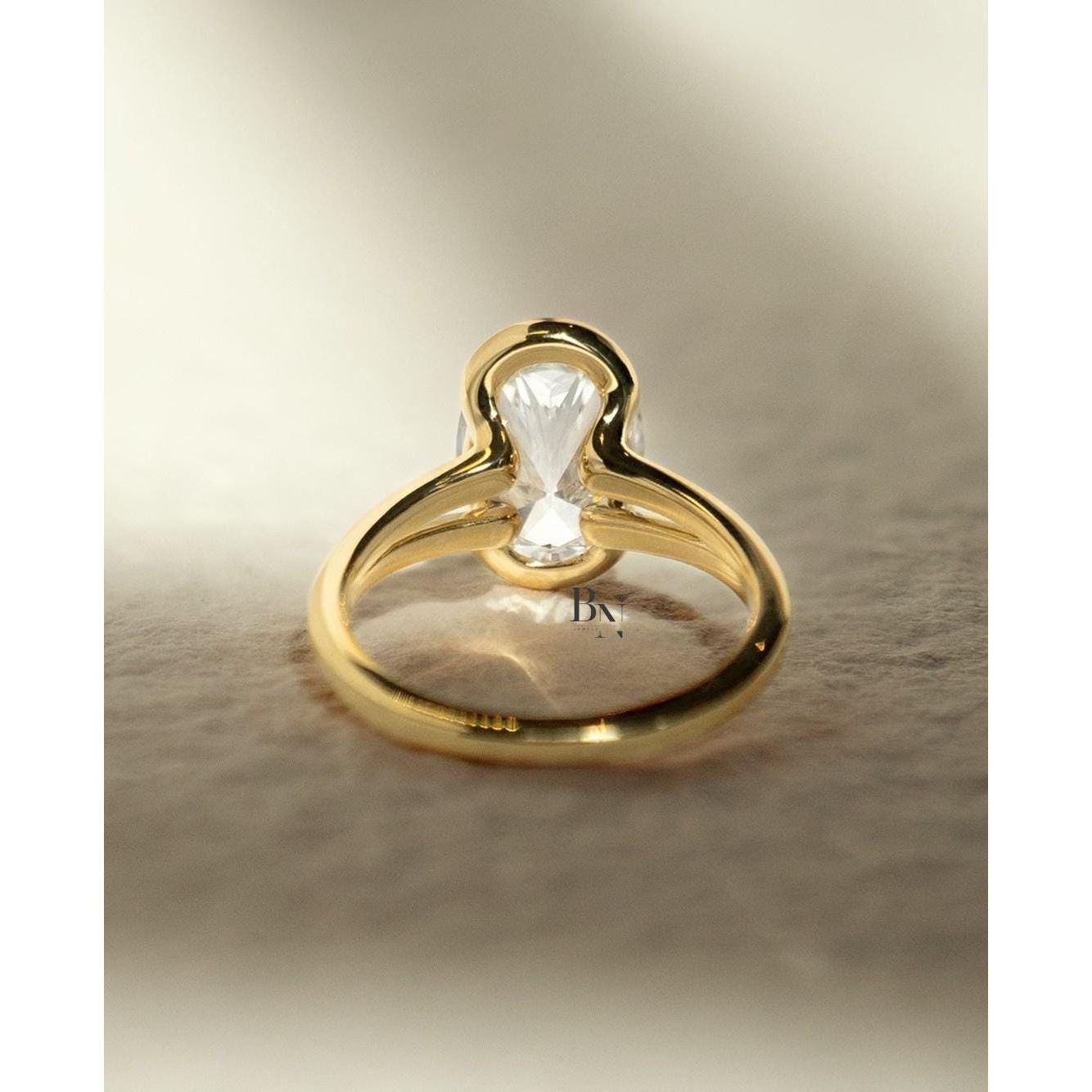 3.00 CT Oval Lab Grown Diamond Ring, Half Bezel Set Solitaire, 14k Gold Split Shank Engagement Ring, Modern Wedding Ring For Women, Unique