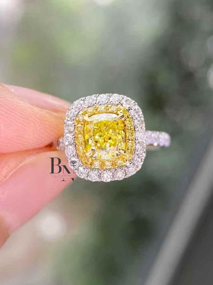 1.00 CT Yellow Diamond Engagement Ring | Cushion Cut Lab Grown Diamond | Double Halo Pave Band | 14k Solid Gold | Fancy Yellow Diamond