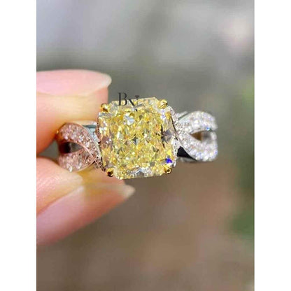 3.00 CT Yellow Diamond Engagement Ring | Cushion Cut Lab Grown Diamond | Double Halo Pave Band | 14k Solid Gold | Fancy Yellow Diamond