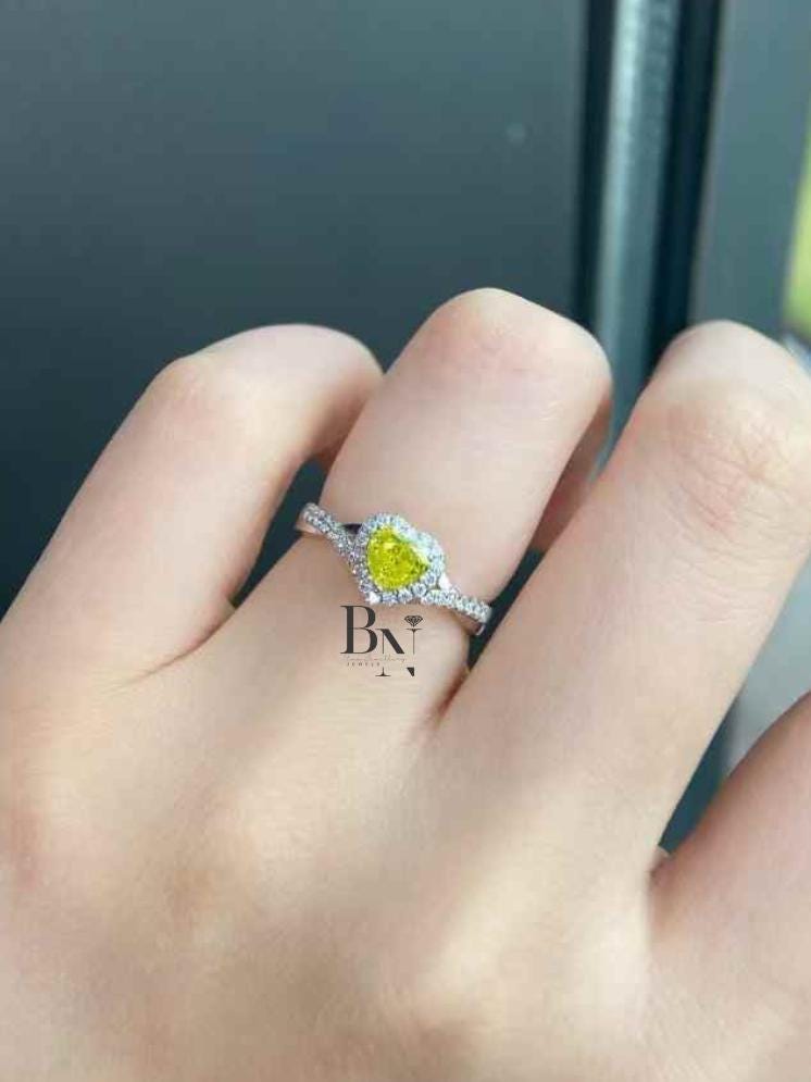 0.73 TCW Yellow Diamond Heart Ring | Lab Grown Diamond Engagement Ring | Fancy Yellow Heart Shape | Twisted Pave Infinity Band