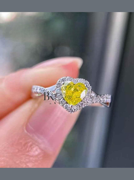 0.73 TCW Yellow Diamond Heart Ring | Lab Grown Diamond Engagement Ring | Fancy Yellow Heart Shape | Twisted Pave Infinity Band