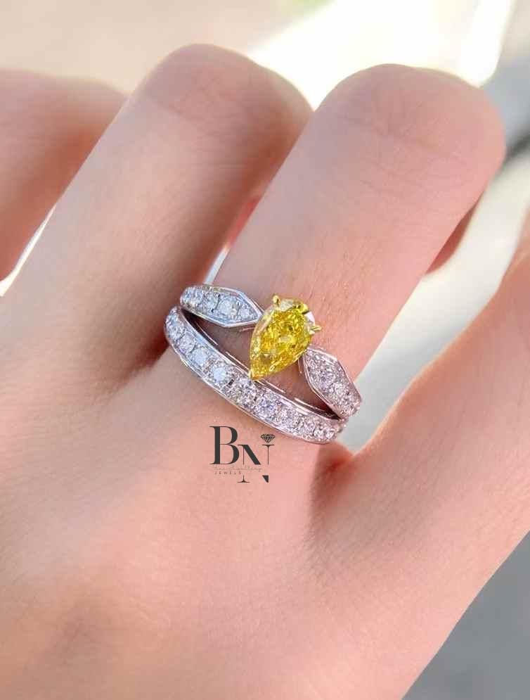 1.00 CT Yellow Diamond Bridal Set | Pear Cut Lab Grown Diamond Ring | Engagement Ring Set with Band | Fancy Yellow Diamond | 14k Gold Ring