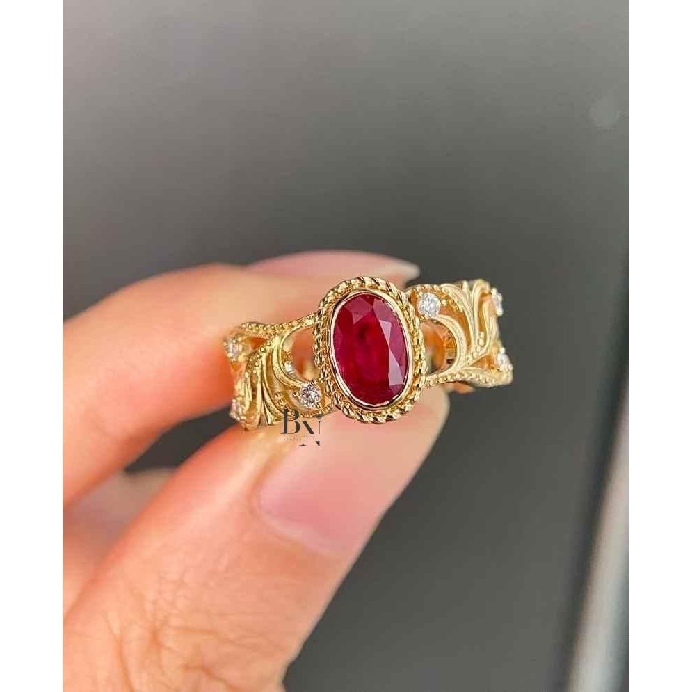 1.00 CT Vintage Ruby Ring | Ruby Engagement Ring | Art Nouveau Yellow Gold Ring | Ornate Filigree Band | July Birthstone Gift | 18K Gold