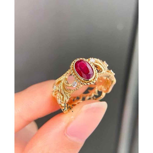 1.00 CT Vintage Ruby Ring | Ruby Engagement Ring | Art Nouveau Yellow Gold Ring | Ornate Filigree Band | July Birthstone Gift | 18K Gold