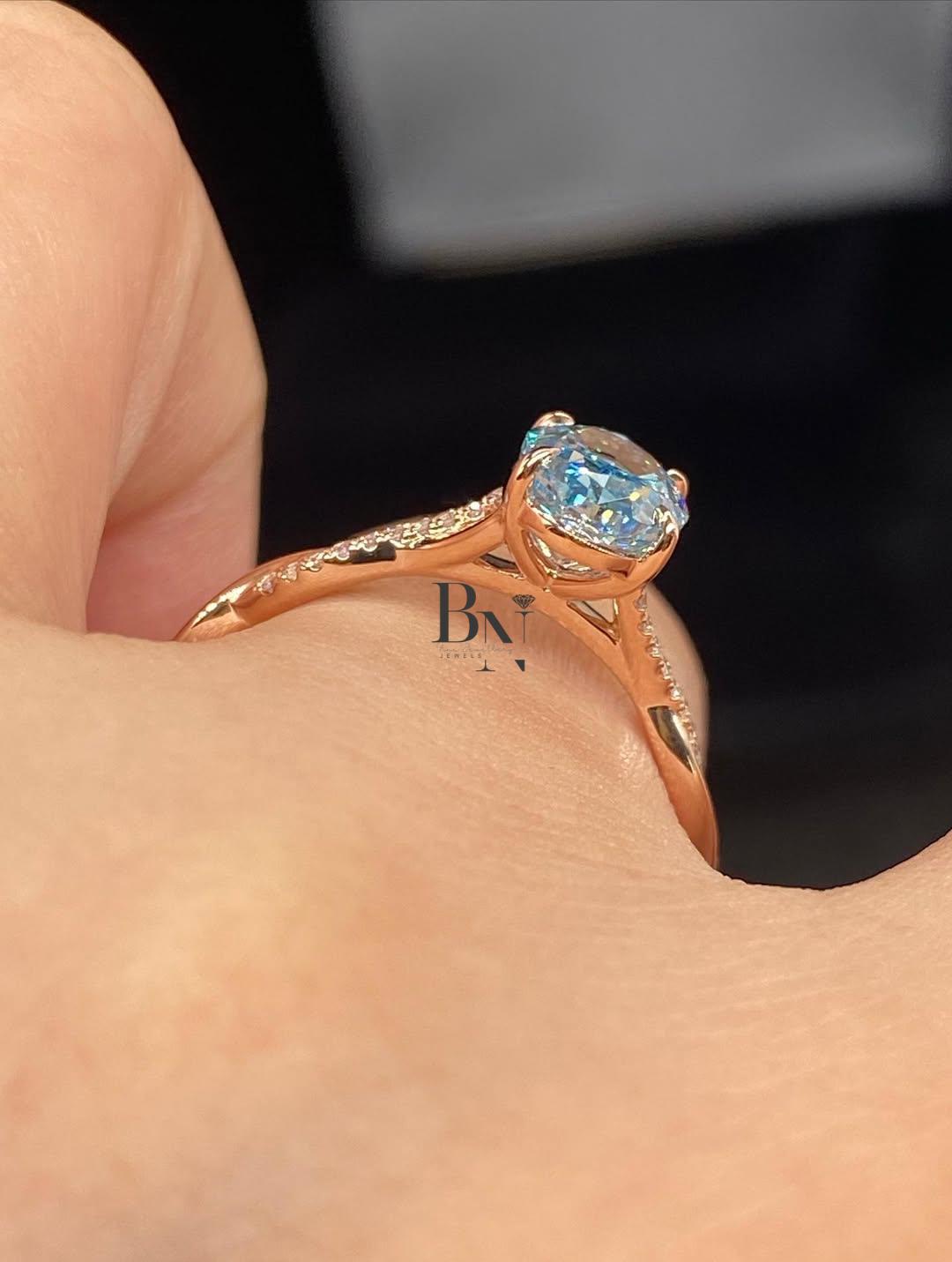 1.50 CT Oval Blue Lab Grown Diamond Ring, Rose Gold Twisted Pave Band, Unique Engagement Ring, Anniversary Wedding Ring For Women, Promise
