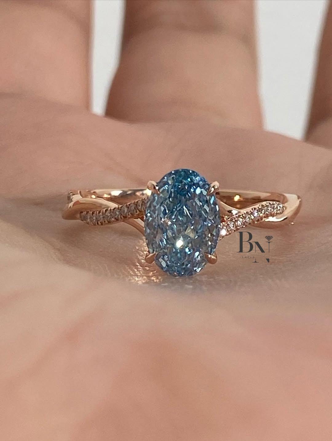 1.50 CT Oval Blue Lab Grown Diamond Ring, Rose Gold Twisted Pave Band, Unique Engagement Ring, Anniversary Wedding Ring For Women, Promise
