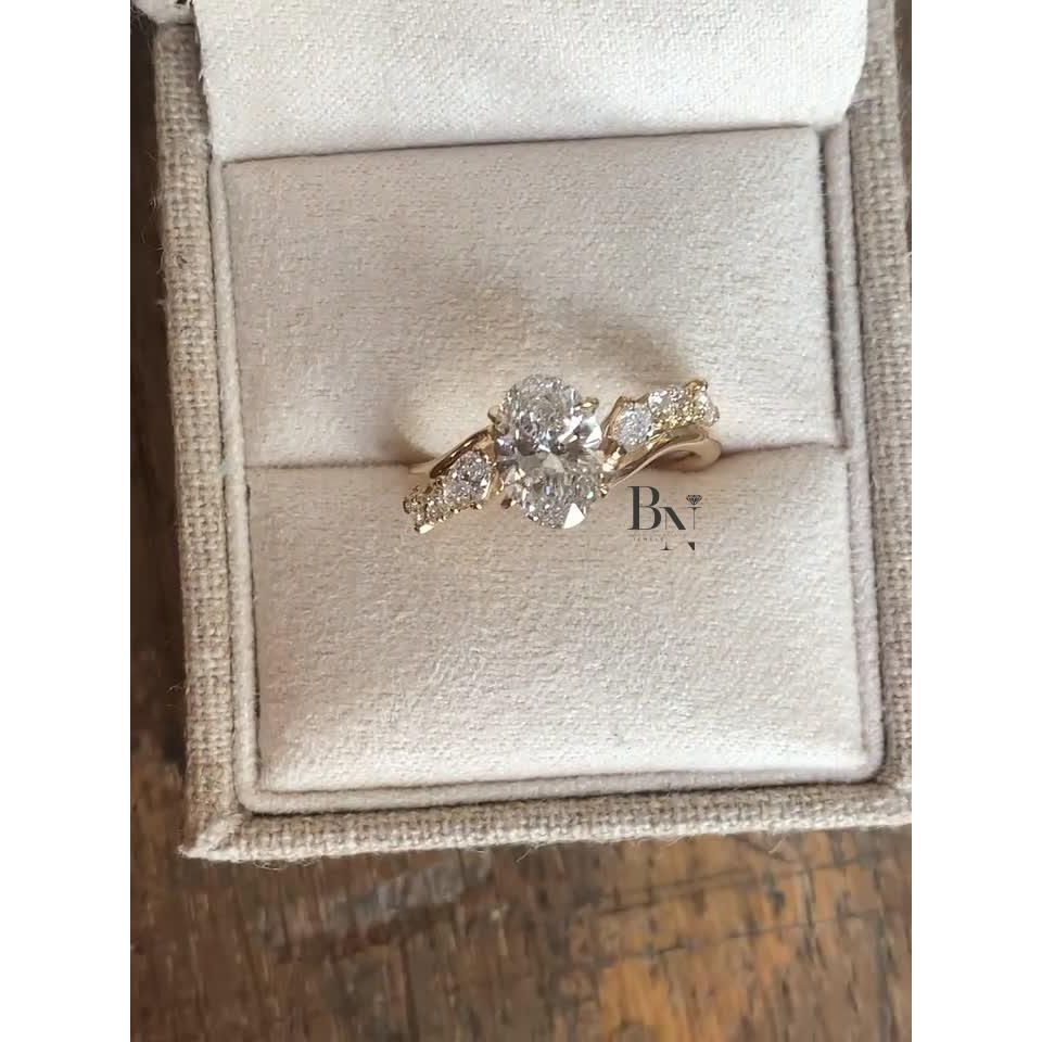 1.00 CT Oval Lab Grown Diamond Ring, Nature Inspired Engagement Ring, Asymmetrical Cluster Ring, Yellow Gold Wedding Ring, Gift For Women
