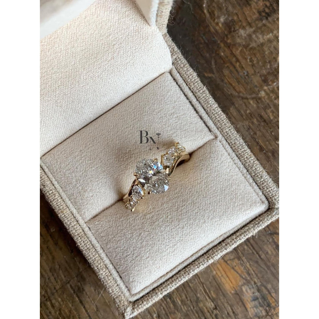 1.00 CT Oval Lab Grown Diamond Ring, Nature Inspired Engagement Ring, Asymmetrical Cluster Ring, Yellow Gold Wedding Ring, Gift For Women