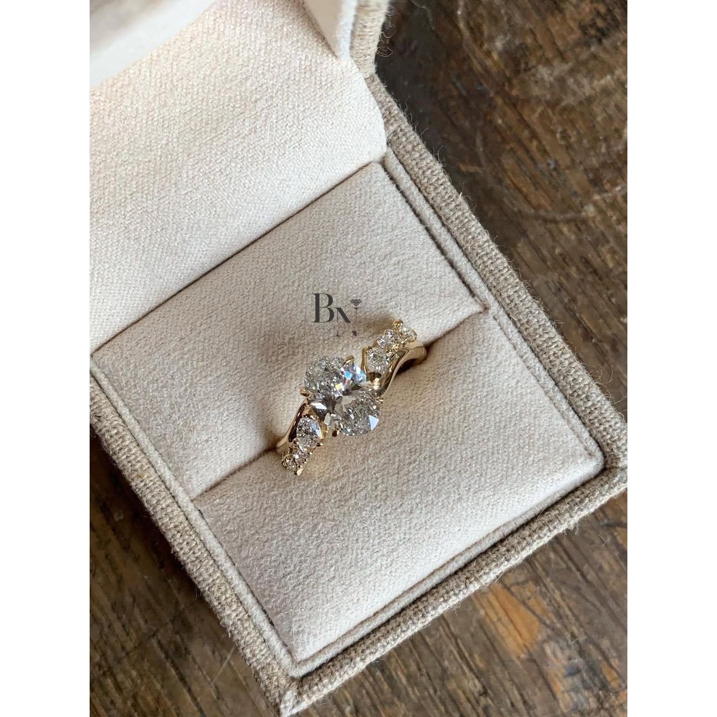 1.00 CT Oval Lab Grown Diamond Ring, Nature Inspired Engagement Ring, Asymmetrical Cluster Ring, Yellow Gold Wedding Ring, Gift For Women