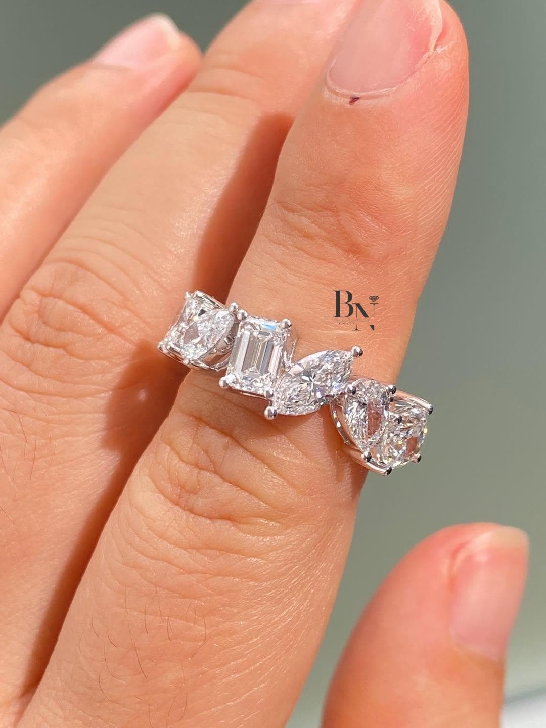 1.50 TCW Multi Shape Lab Grown Diamond Band, Unique Wedding Ring, Two Tone Statement Ring, Mixed Cut Diamond Band, Anniversary Gift