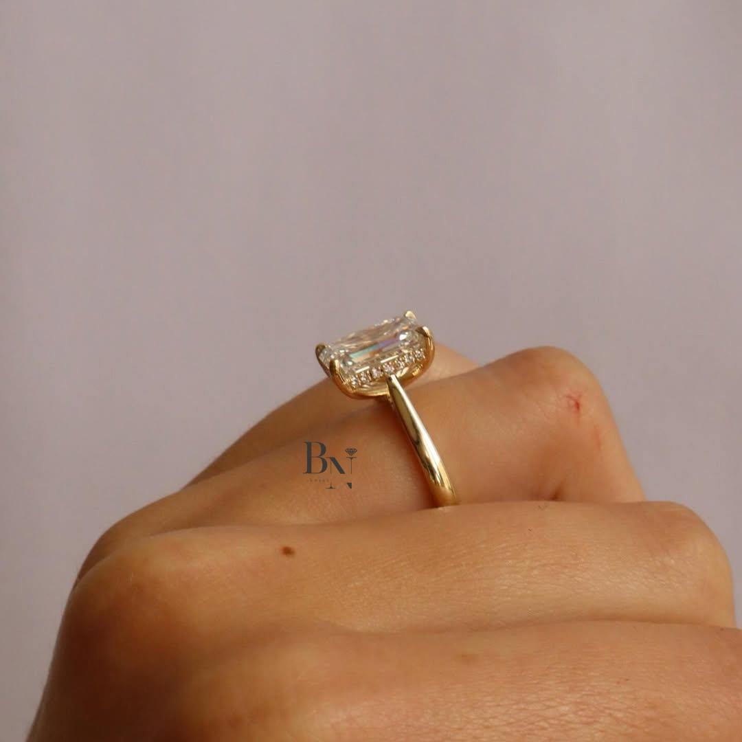 3.75 CT Emerald Cut Lab Grown Diamond Ring, IGI Certified Diamond, 14k Gold Hidden Halo Solitaire, Engagement Ring, Anniversary Gift Women