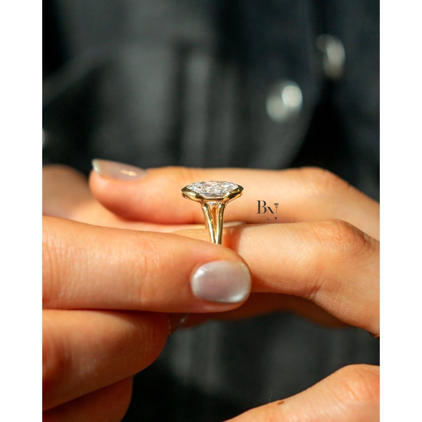 3.00 CT Oval Lab Grown Diamond Ring, Half Bezel Set Solitaire, 14k Gold Split Shank Engagement Ring, Modern Wedding Ring For Women, Unique