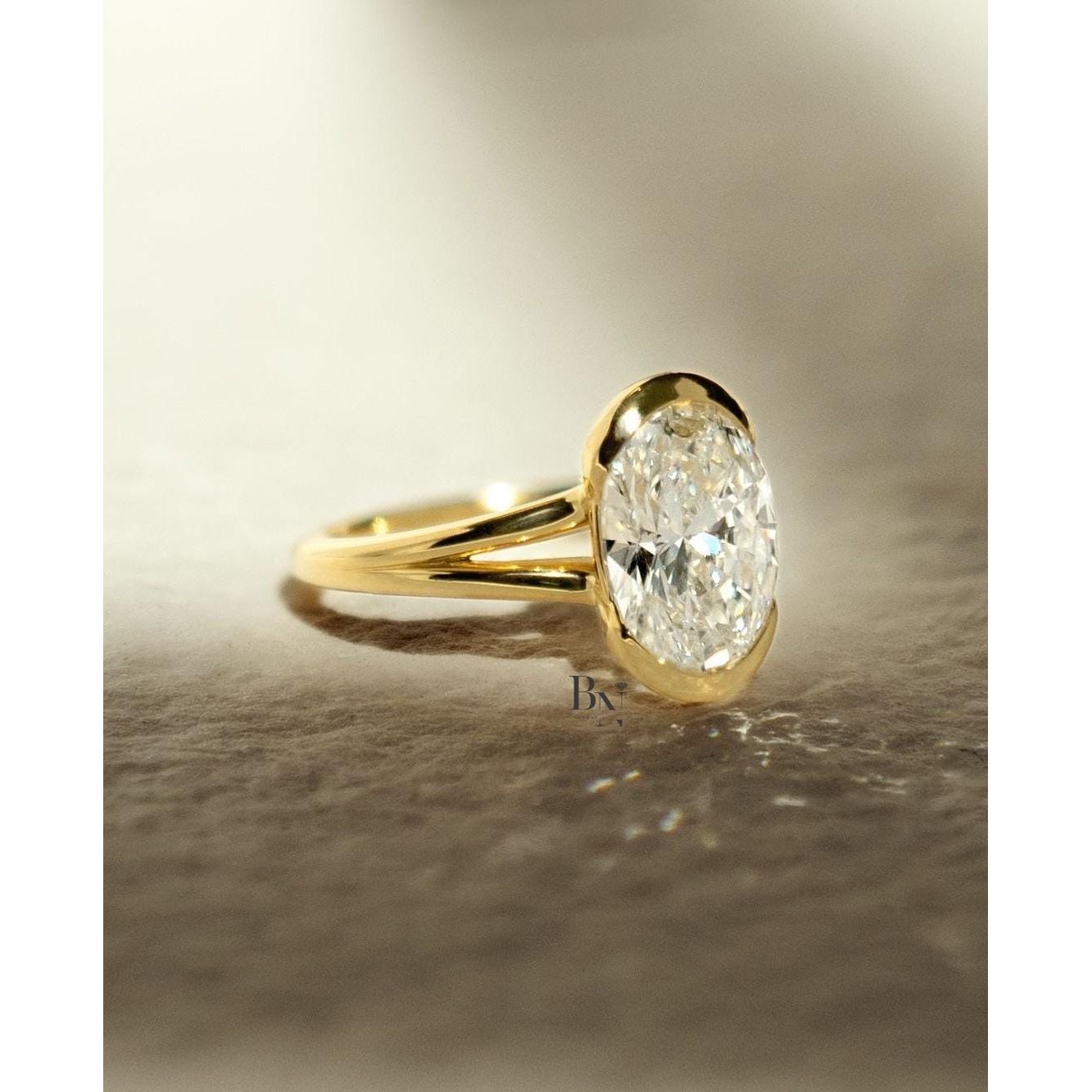 3.00 CT Oval Lab Grown Diamond Ring, Half Bezel Set Solitaire, 14k Gold Split Shank Engagement Ring, Modern Wedding Ring For Women, Unique