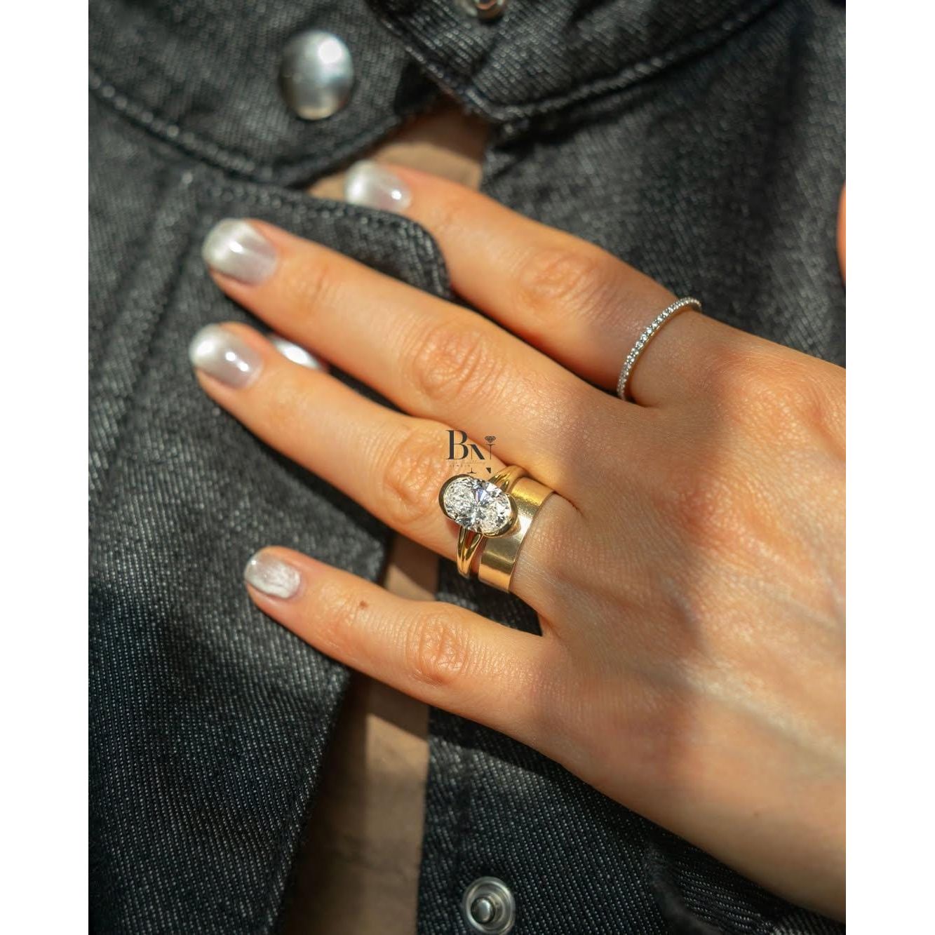 3.00 CT Oval Lab Grown Diamond Ring, Half Bezel Set Solitaire, 14k Gold Split Shank Engagement Ring, Modern Wedding Ring For Women, Unique