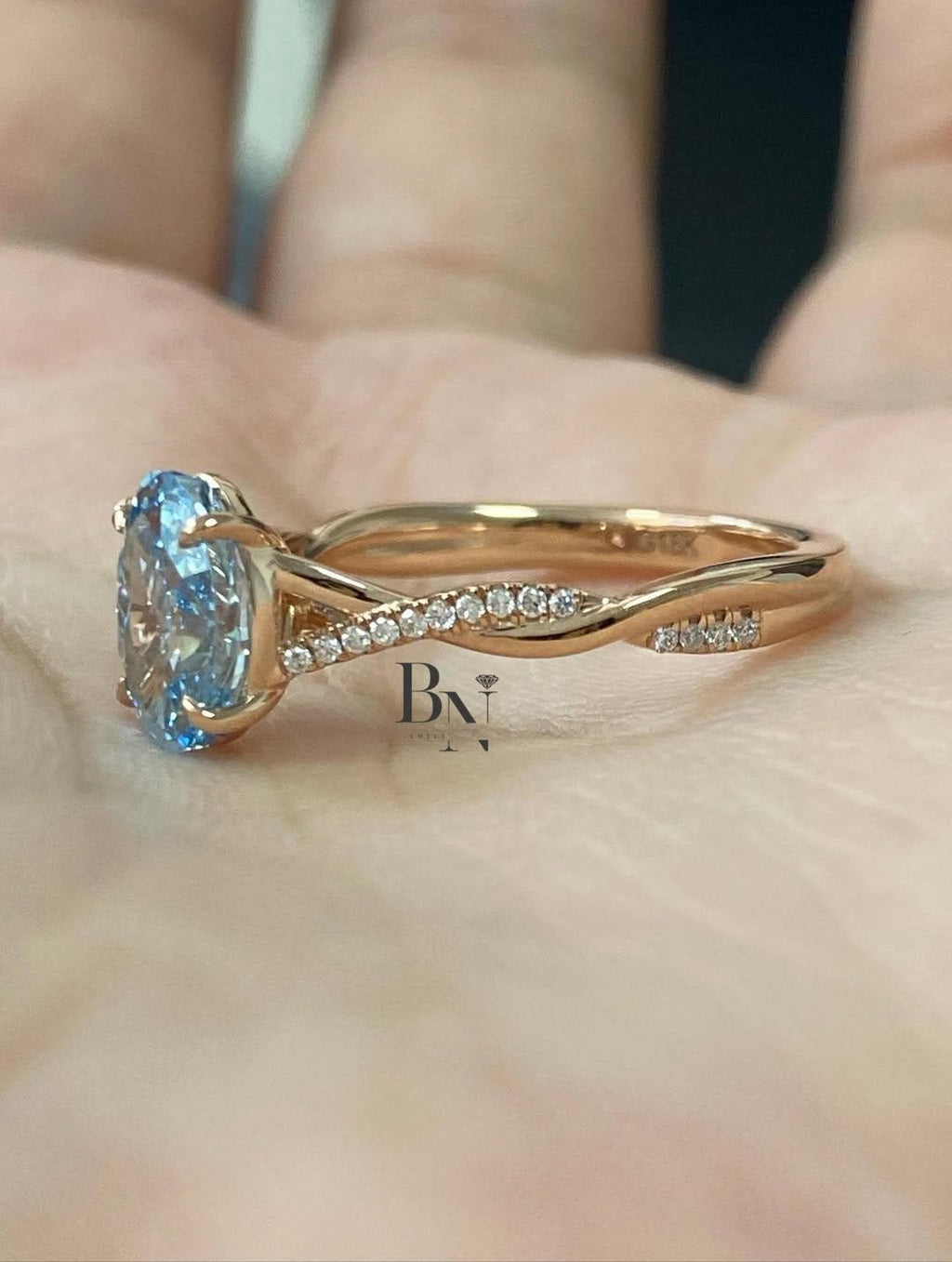 1.50 CT Oval Blue Lab Grown Diamond Ring, Rose Gold Twisted Pave Band, Unique Engagement Ring, Anniversary Wedding Ring For Women, Promise