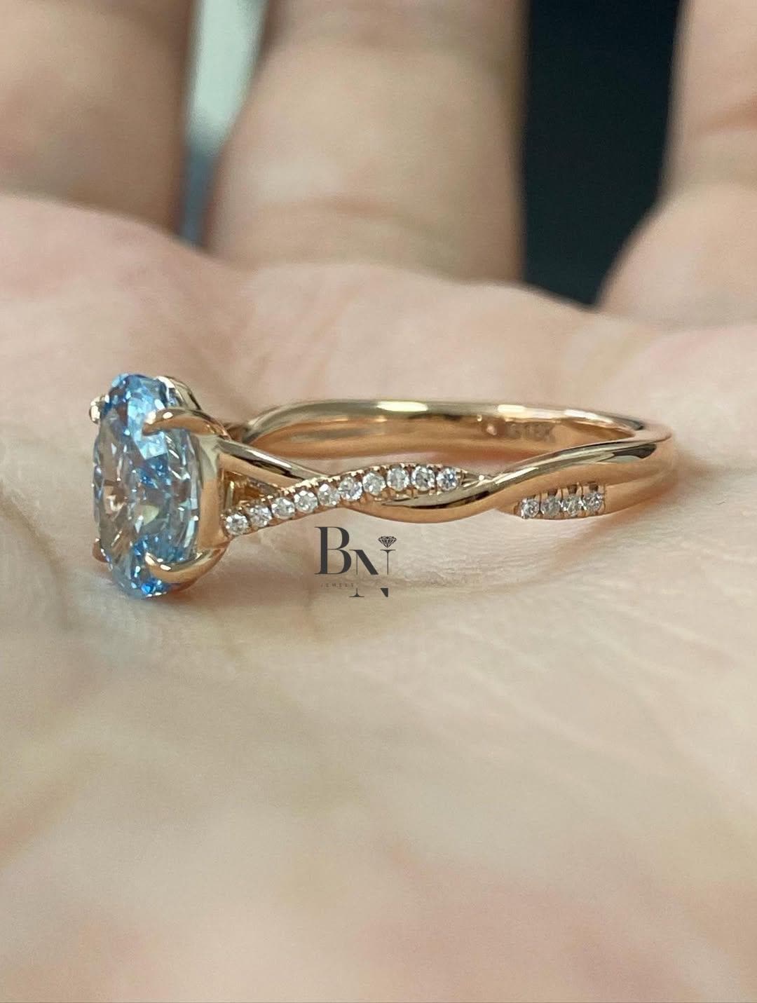 1.50 CT Oval Blue Lab Grown Diamond Ring, Rose Gold Twisted Pave Band, Unique Engagement Ring, Anniversary Wedding Ring For Women, Promise