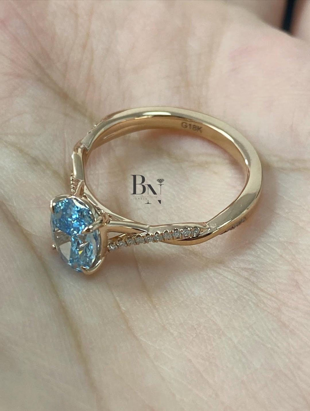 1.50 CT Oval Blue Lab Grown Diamond Ring, Rose Gold Twisted Pave Band, Unique Engagement Ring, Anniversary Wedding Ring For Women, Promise