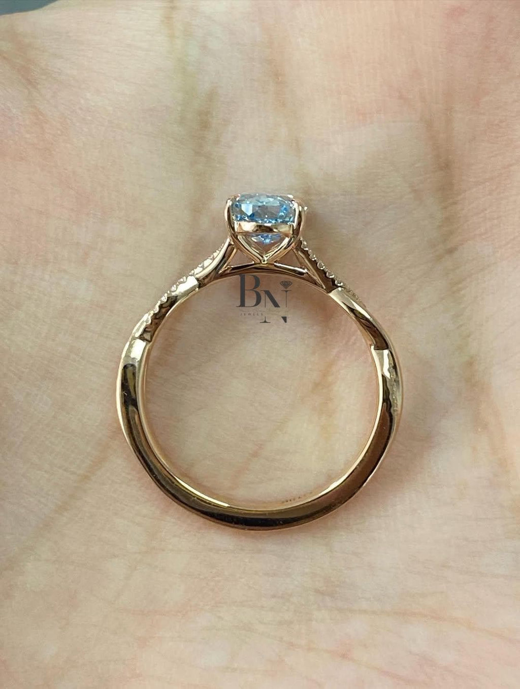 1.50 CT Oval Blue Lab Grown Diamond Ring, Rose Gold Twisted Pave Band, Unique Engagement Ring, Anniversary Wedding Ring For Women, Promise