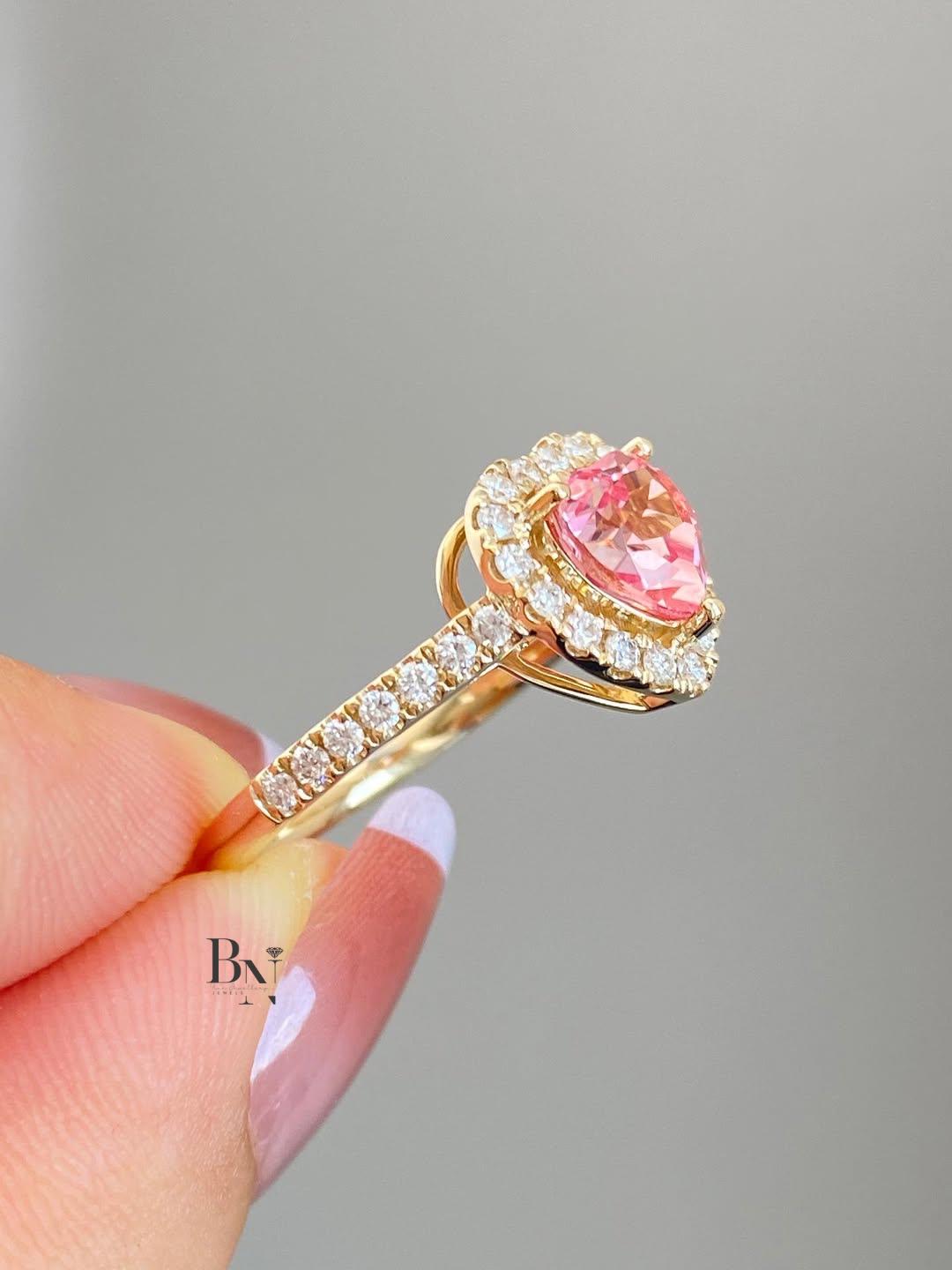 1.50 CT Heart IGI Certified Pink Lab Diamond Ring, Halo Engagement Ring, Yellow Gold Pave Band, Promise Ring For Her, Anniversary Gift
